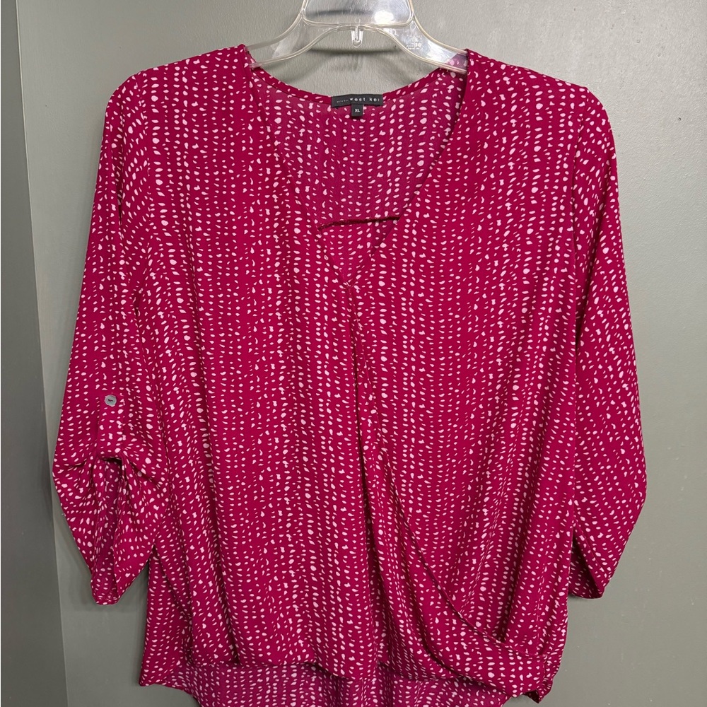 Women's Pink Patterned Faux Wrap Surplice Top